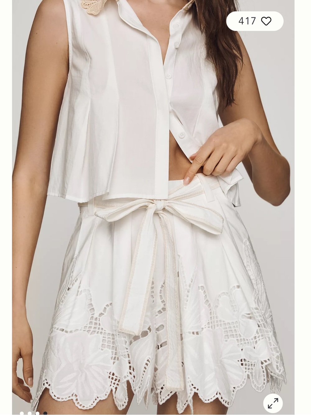 en saison anna off white cream embroidered pleated top + tie belt shorts small - Picture 5 of 10